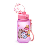 Angled view of a pink frosted children's pop-top water bottle with an open lid, decorated with Pusheen the Cat, a burger, and fries, and featuring a pink carry strap.
