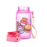 Angled view of a translucent purple 350ml children's water bottle, with its pink pop-top lid detached and lying alongside. The bottle features a colourful design of Pusheen the Cat alongside chips, a striped drink, and a hamburger, and includes a pink carry strap.