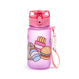 Angled view of a translucent purple children's water bottle with a pink pop-top lid and strap. The bottle features a cartoon Pusheen the Cat design, depicting Pusheen alongside a blue striped drink, pink french fries, and a burger.
