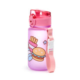 Angled view of a translucent purple children's water bottle with a pink pop-top lid and pink fabric strap with a white buckle, decorated with cartoon fast food illustrations including a burger and chips.