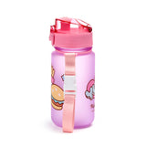 Angled view of a translucent purple children's water bottle with an open pink pop-top lid, a pink fabric strap with a white buckle, and colourful Pusheen the Cat character graphics including a burger and rainbow cloud.