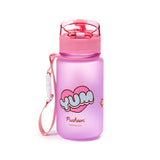 Angled view of a translucent purple 350ml shatterproof children's water bottle with a pink pop-top lid, internal straw, and pink carry strap. The bottle features a pink heart graphic with blue 'YUM' text and 'Pusheen' lettering.