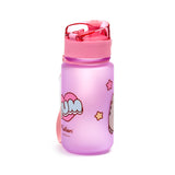 Angled view of a pink translucent children's water bottle with a pink pop-top lid and carry strap, featuring a Pusheen the Cat design with a 'YUM' heart graphic.