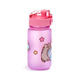 Frosted purple 350ml shatterproof children's water bottle with a pink pop-top lid, displaying a grey Pusheen the Cat character cuddling a striped blanket, surrounded by stars and clouds.