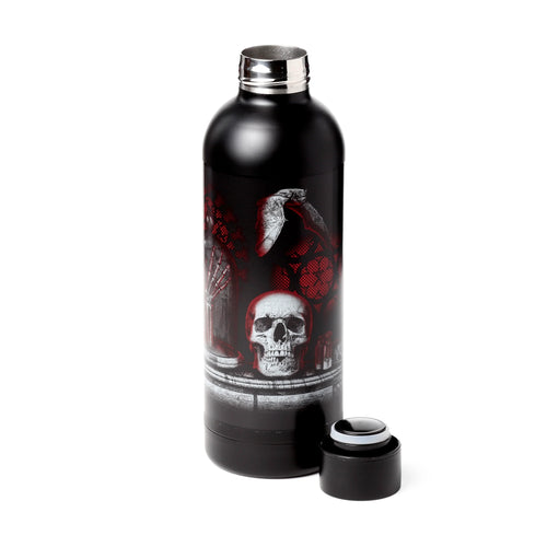 Angled view of a black stainless steel insulated flask with a metallic rim, featuring a Gothic design depicting a white skull, skeleton hand, and red patterns. Its black screw-on cap is detached.