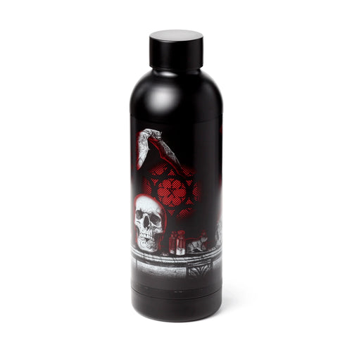 Angled view of a black insulated stainless steel bottle featuring a white skull, red gothic pattern, white bat, small white bottles, and a rat figure, topped with a black and silver cap.
