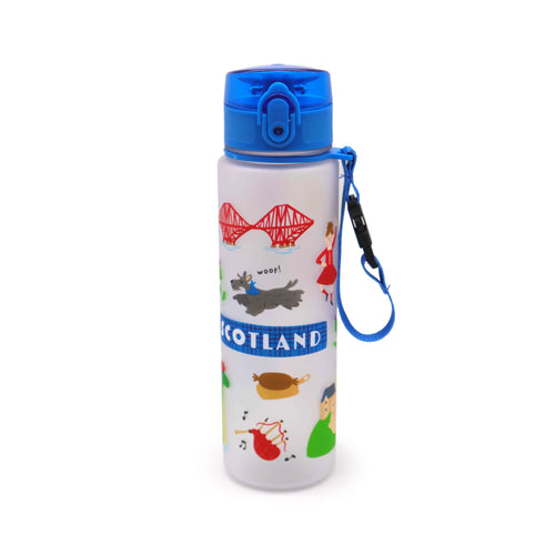 Front view of a translucent white water bottle with a blue pop-top lid and blue carrying strap, decorated with colourful Scottish illustrations, including a red bridge, a Scottish terrier, bagpipes, and the word 'SCOTLAND'.