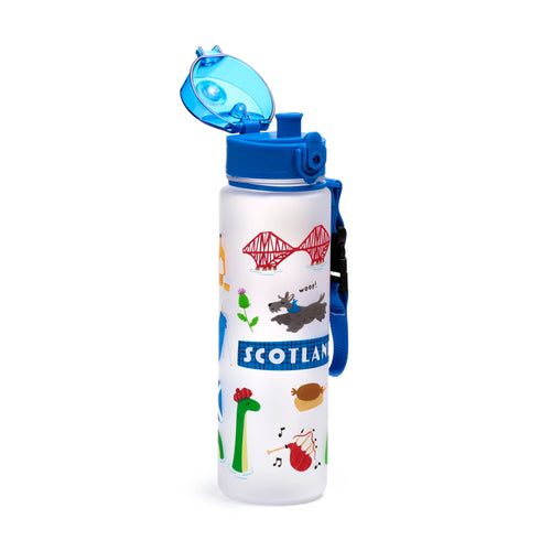 Angled view of a 600ml shatterproof frosted water bottle with an open blue pop-top lid and blue strap. It's decorated with colourful Scottish illustrations: the Forth Bridge, a thistle, a Scottish terrier, 'SCOTLAND' text, the Loch Ness Monster, haggis, and bagpipes.
