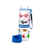 Upright translucent white water bottle decorated with Scottish imagery, including the Forth Bridge and a Scottish Terrier, beside its detached blue pop-top lid and blue carry strap.