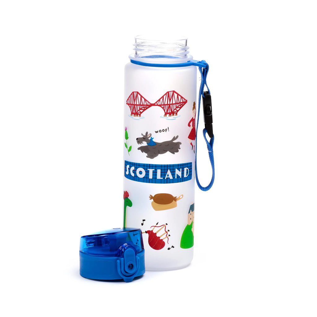 Upright translucent white water bottle decorated with Scottish imagery, including the Forth Bridge and a Scottish Terrier, beside its detached blue pop-top lid and blue carry strap.