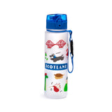 Upright view of a 600ml frosted water bottle with a blue pop-top lid and carry strap, decorated with colourful Scottish illustrations including the Forth Bridge, a Scottish Terrier, a thistle, Nessie, bagpipes, haggis, and 'SCOTLAND' text.
