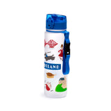 Front view of a white 600ml shatterproof pop top water bottle with a blue lid and matching strap, decorated with colourful Scottish souvenir illustrations including the Forth Bridge, a Scottie dog, tartan 'SCOTLAND' text, haggis, a castle, and bagpipes.