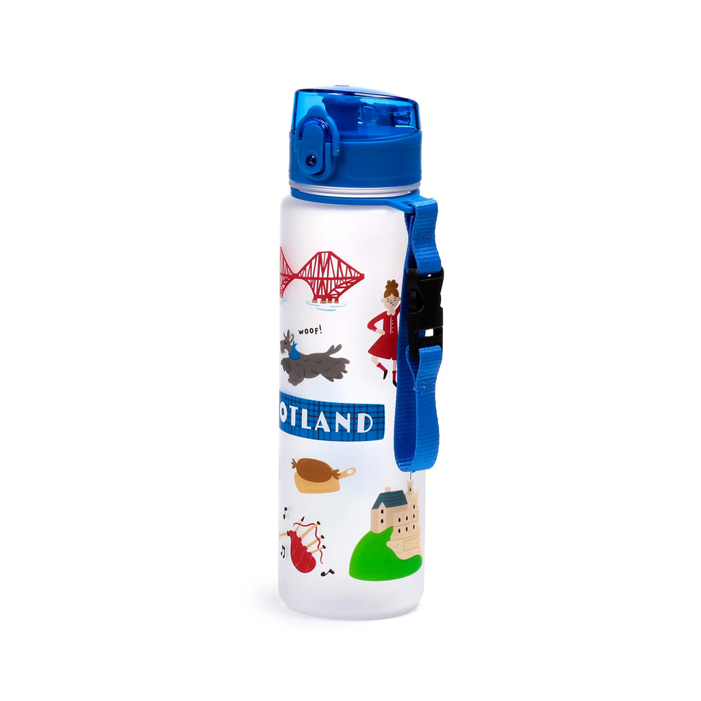 Front view of a white 600ml shatterproof pop top water bottle with a blue lid and matching strap, decorated with colourful Scottish souvenir illustrations including the Forth Bridge, a Scottie dog, tartan 'SCOTLAND' text, haggis, a castle, and bagpipes.