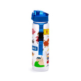 Angled view of a clear water bottle with a blue pop-top lid and blue fabric strap, featuring colourful Scottish souvenir illustrations of landmarks and animals.