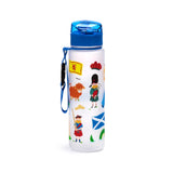 Front view of a white frosted pop top water bottle with a blue lid and strap, decorated with colourful Scottish souvenir illustrations including a Highland cow, a bagpiper, and the Saltire flag.