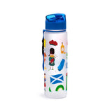 Frosted water bottle with blue pop-top lid and a blue carry strap, featuring colourful Scottish-themed illustrations including a bagpiper, Scottish flag, golf bag, and a Loch Ness monster graphic.