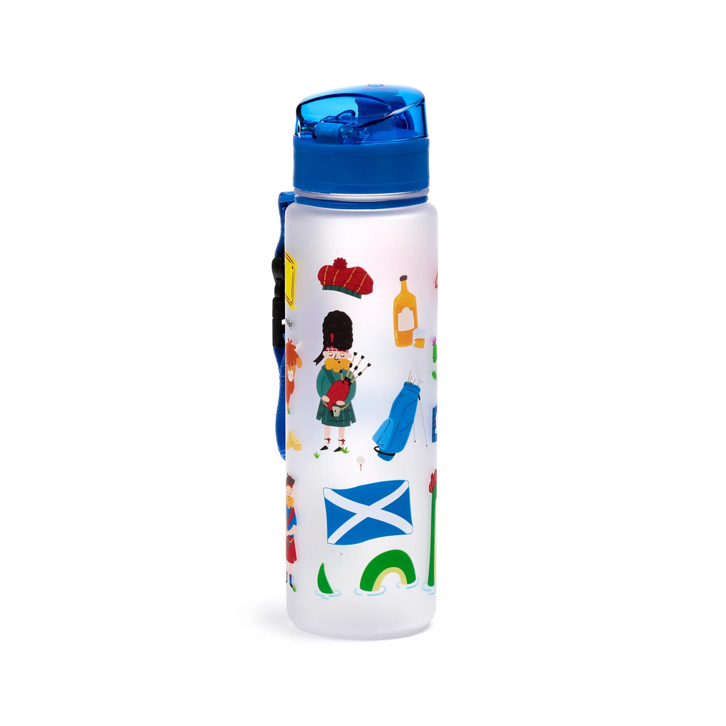 Frosted water bottle with blue pop-top lid and a blue carry strap, featuring colourful Scottish-themed illustrations including a bagpiper, Scottish flag, golf bag, and a Loch Ness monster graphic.