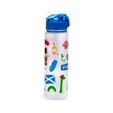 Frosted translucent shatterproof water bottle with a royal blue pop-top lid, featuring colourful Scottish souvenir illustrations of landmarks and symbols like a bagpiper, whisky, the Forth Bridge, and the Loch Ness Monster.