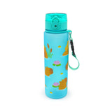 Light blue translucent pop top water bottle with teal lid and strap, featuring a capybara design with pink lotus flowers and green lily pads.