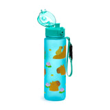 Angled view of a translucent blue-green pop-top water bottle, featuring a repeated capybara design with water lilies and small yellow fruit. The bottle has an open teal lid and a teal fabric carry strap.