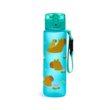 Upright translucent blue water bottle featuring a capybara and water lily pattern, with a teal pop-top lid and coordinating strap.