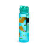 Angled view of a translucent blue water bottle with a teal pop-top lid and carry strap, featuring a cute capybara and pink lily pad design.