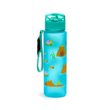 Turquoise-coloured pop top water bottle with a transparent greenish-blue lid and matching wrist strap, decorated with a pattern of capybaras swimming amongst water lilies and small yellow birds.