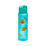 Front view of a turquoise pop-top water bottle with a translucent lid, featuring cartoon illustrations of capybaras swimming amongst pink water lilies, reeds, and yellow birds.
