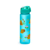 Upright translucent light blue water bottle with a teal pop-top lid, adorned with a pattern of capybaras swimming amongst water lilies and reeds.