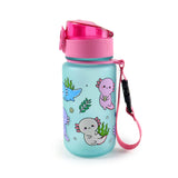Angled view of a children's water bottle, featuring a translucent blue body with colourful cartoon axolotl illustrations and green seaweed. It has a bright pink pop-top lid and a pink wrist strap.