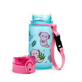 Angled view of a light blue 350ml shatterproof children's water bottle, featuring colourful Adoramals axolotl illustrations. Its pink pop-top lid is detached and placed next to the bottle, which has a pink carrying strap.