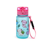 Angled view of a light blue 350ml shatterproof children's pop top water bottle, featuring Adoramals axolotl characters and marine illustrations, with a pink lid and strap.