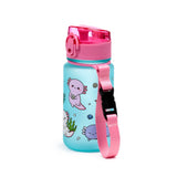 Side view of a 350ml shatterproof children's water bottle with a light blue body featuring an Adoramals axolotl design, pink pop-top lid, and a pink fabric carry strap with a black buckle.