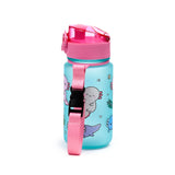 Angled view of a light blue 350ml children's water bottle with a pink pop-top lid and carry strap, decorated with cute cartoon axolotl and aquatic plant illustrations.