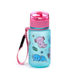 Angled view of a translucent light blue children's water bottle, decorated with cartoon axolotls in purple and blue, a transparent pink pop-top lid, and a pink fabric carrying strap.