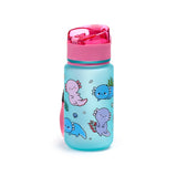 Angled view of a frosted blue children's water bottle with a pink pop-top lid, featuring a vibrant wraparound design of pink, blue, and purple cartoon axolotls with seaweed and bubbles.