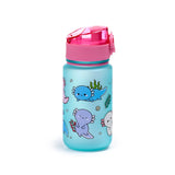 Angled view of a 350ml children's water bottle, showing its frosted blue body with a colourful Adoramals axolotl pattern, and a translucent pink pop-top lid.