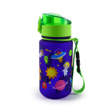 Angled view of a 350ml children's water bottle with a deep blue body featuring space cadet illustrations, a bright green pop-top lid, and a matching green carry strap.