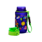 Angled view of a dark blue children's water bottle with a space cadet design, featuring astronauts, aliens, rockets, and planets. The bright green pop-top lid is detached, and a bright green wrist strap is attached.
