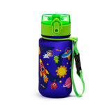 Angled view of a dark blue children's water bottle, decorated with a vibrant space-themed design including astronauts, rockets, aliens, and planets. It features a bright lime green pop-top lid with a transparent cover and a matching green carry strap.