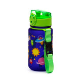 Angled view of a 350ml blue children's water bottle with a colourful space cadet design featuring aliens, planets, and spaceships. It has a bright green pop top lid and an attached green fabric carrying strap with a black buckle.