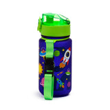 Angled view of a dark blue children's water bottle, depicting a colourful space cadet design with rockets, planets, and aliens. It features a bright green pop-top lid and a matching green fabric carrying strap with a black buckle.