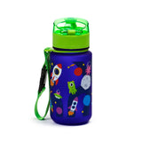 Angled view of a dark blue children's water bottle with a space-themed design of rockets, planets, and aliens. It features a bright green translucent pop-top lid and an attached green fabric strap with a black clip.