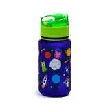 Blue shatterproof children's water bottle with transparent green pop top lid, featuring colourful space cadet design with aliens, rockets, and planets, viewed from a slight angle on a white background.