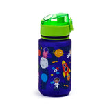 Angled view of a dark blue children's water bottle, featuring a colourful space cadet design with astronauts, planets, rockets, and satellites. It has a bright green, open pop-top lid.