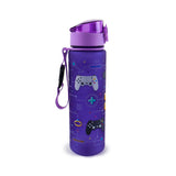 Angled view of a purple water bottle with a translucent purple pop-top lid and carry strap, featuring a gaming-themed design with pixelated game controllers, plus signs, and 'PRESS START' text.