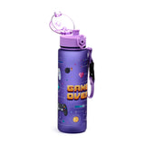 Angled view of a purple pop top water bottle with its lid open, featuring a pixelated 'GAME OVER' design with gaming controller, bomb, heart, and coin graphics, complete with a purple carry strap.