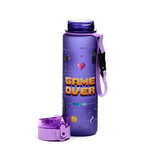 Angled view of a purple water bottle with pixelated 'GAME OVER' text and retro gaming graphics, including a heart, controller, and bomb. The bottle features a lilac carry strap and a matching open pop top lid lying beside it.