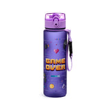 Front view of a purple pop top water bottle, featuring a pixelated 'Game Over' design with gaming controllers, hearts, and other retro gaming icons, and a purple carry strap.