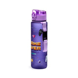 Angled view of a matte purple water bottle with a transparent pop-top lid and a purple strap, displaying a pixelated 'Game Over' gaming design.